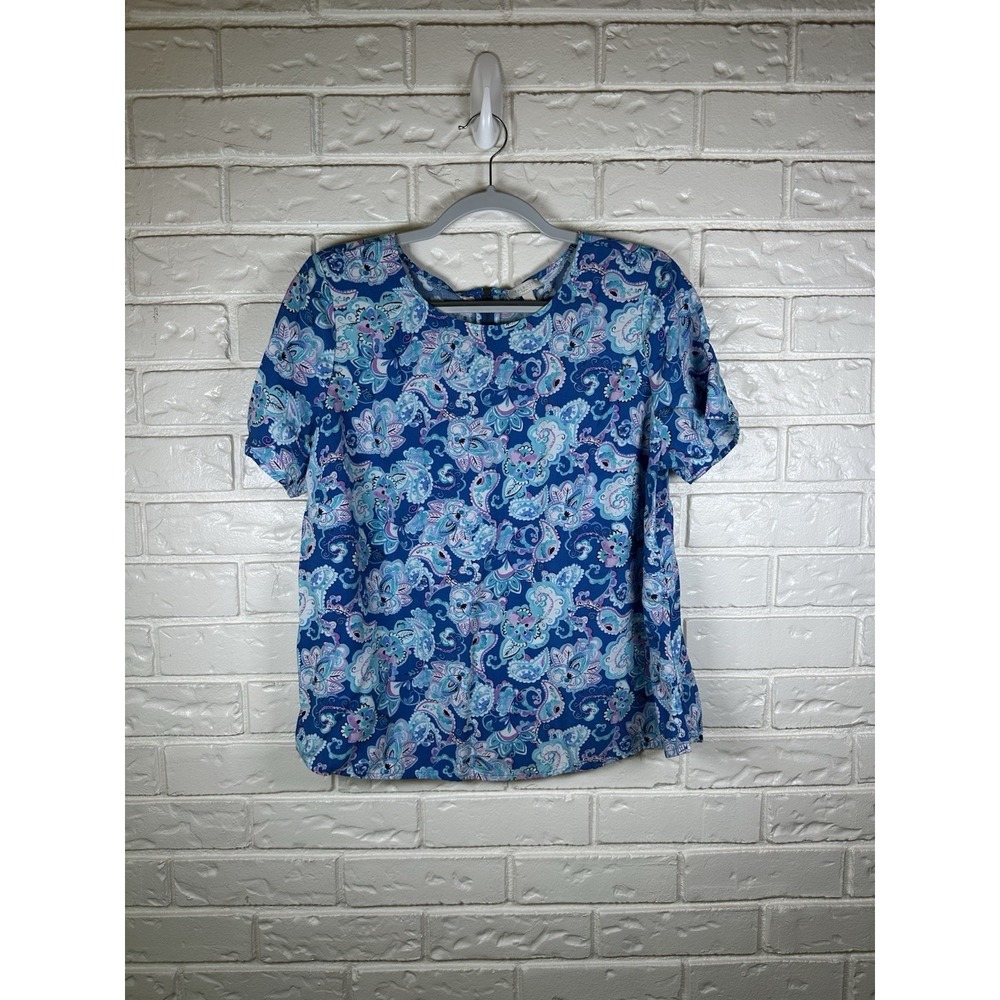 Talbots 1X Blue Paisley Short Sleeve Blouse Top Plus Size Coastal Blue‎